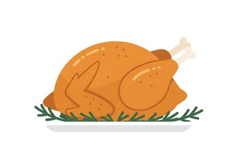 Golden Roasted Turkey on Platter with Rosemary. Festive Holiday Meal Illustration.