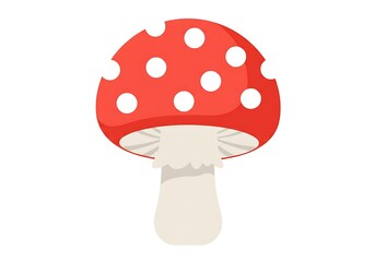 Whimsical red and white spotted mushroom illustration. Cartoon fly agaric toadstool isolated on white background, nature and fantasy element.