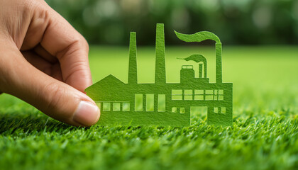 
Eco-friendly grass-based factory model demonstrating green industry, sustainability, and environmental responsibility