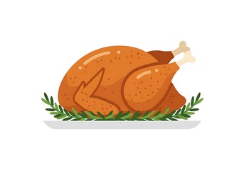 Roasted turkey with rosemary on a platter. Holiday dinner illustration.
