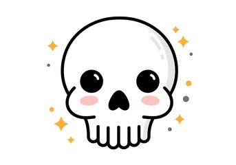Kawaii cute cartoon skull illustration with rosy cheeks and sparkling accents on white background