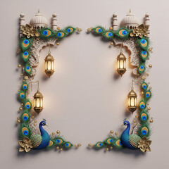 Islamic Architecture With Peacock Feathers And Lanterns Elegant Decorative Frame For Festive Celebrations