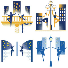 Dancers performing ballet in urban setting with city skyline backdrop  