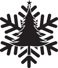 Black silhouette of a Christmas tree inside a snowflake with a star on top black and white