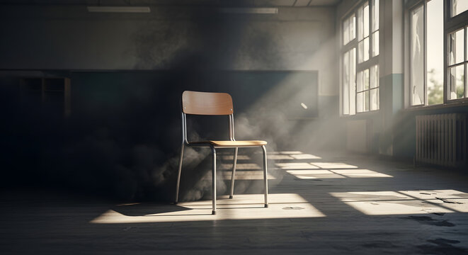 Dark office room interior design featuring a comfortable empty wooden armchair and desk