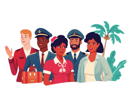 Team of Professionals in Tropical Setting: A diverse group of well-dressed professionals stands against a backdrop of palm trees, exuding a sense of confidence and expertise.