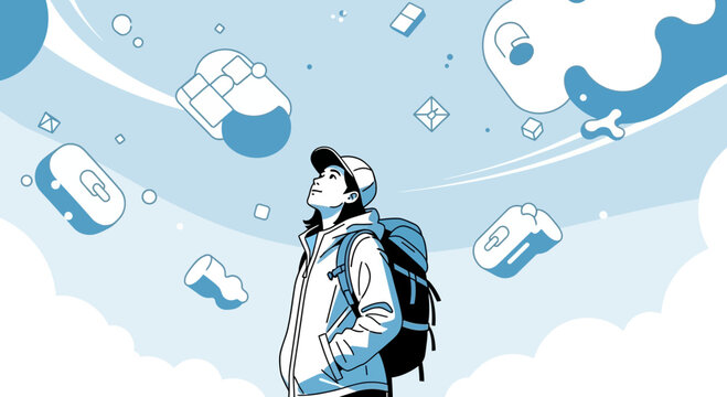 A Young Explorer Gazing Upwards at Abstract Shapes Floating in the Sky