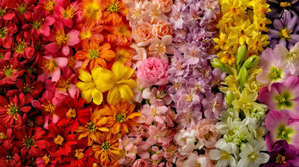 Colorful and vibrant flower collage with bright flowers, roses, zinnias and petals in a fully colored display