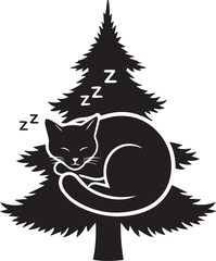 Black silhouette of a sleeping cat curled up on a stylized pine tree with zzz symbols vector