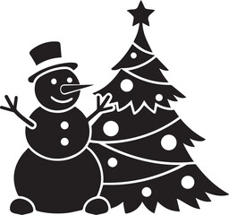 Black silhouette of a smiling snowman wearing a top hat next to a decorated Christmas tree black and white 1