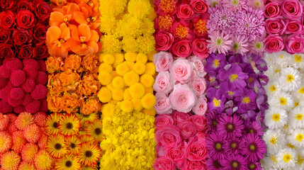 Colorful and vibrant flower collage with bright flowers, roses, zinnias and petals in a fully colored display