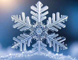 Detailed Macro Photograph of a Symmetrical Snowflake on a Snowy Surface with Soft Lighting and Blue Background Highlighting Intricate Crystal Structure