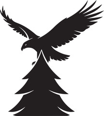 Black silhouette of a soaring eagle with outstretched wings above a stylized evergreen tree eagle silhouette