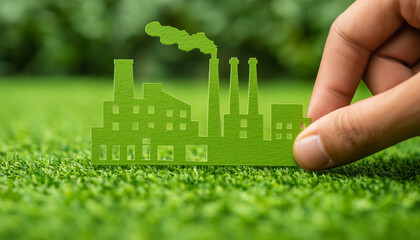 
Eco-friendly grass-based factory model demonstrating green industry, sustainability, and environmental responsibility