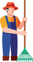 A farmer in overalls and a hat is holding a rake, ready to work in the field, he is a hardworking and dedicated individual