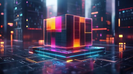 Neon cube hovers over futuristic circuit board in a blurred, city setting