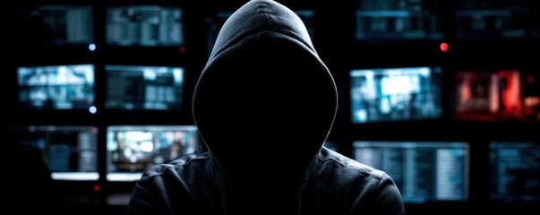 A mysterious figure in a hoodie is silhouetted against multiple computer screens, evoking themes of technology and anonymity.