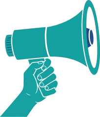 Hand holding a megaphone symbol of announcement, communication, and public speaking voice amplifier