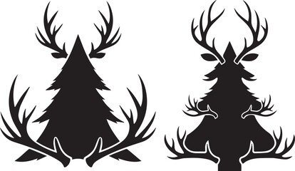 Naklejka premium Black silhouette of two pine trees with deer antlers framing them on a white background black and white