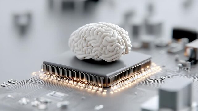 Artificial Intelligence Concept: Human Brain Model Resting on a Computer Processor with Glowing Connections on a Circuit Board