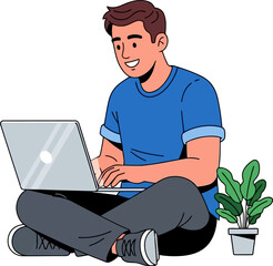 A person is sitting on the floor with a laptop and smiling working from home and online education concept