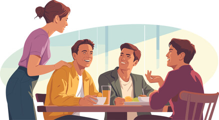 Smiling Friends Talking and Sharing a Meal at a Restaurant or Cafe