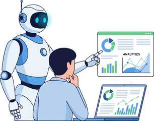A robot is pointing at a screen with charts while a person is looking at a laptop artificial intelligence concept