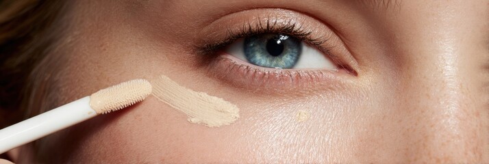 Naklejka premium Woman Applying Concealer on Her Skin for a Natural Look in a Bright Setting During Daytime