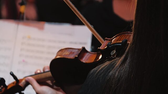 A close-up of a violinist playing. The back of the musician's girlfriend's head and hair are visible. Musical notes are barely discernible in the background. The violinist is part of an orchestra
