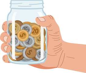 A hand is holding a glass jar full of coins, symbolizing savings, investment, and financial security