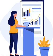 A woman is giving a presentation on business growth, using a laptop and a screen with charts and graphs