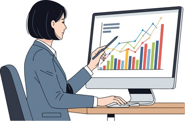 A woman is looking at a computer screen with a graph on it, she is pointing at the screen with her finger