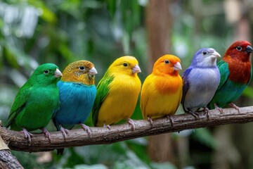 Obraz premium Five Colorful Birds Perched on a Branch