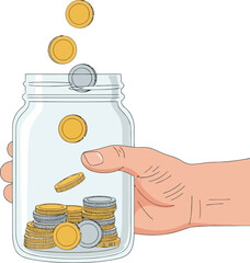 A hand is putting coins into a glass jar, the jar is already full of coins and the hand is still adding more