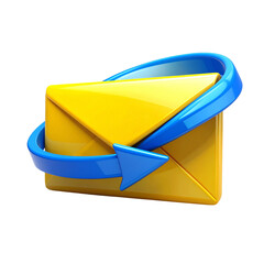 3D Yellow Envelope with Blue Curved Arrow Symbolizing Digital Mail Transfer, Isolated on Transparent Background