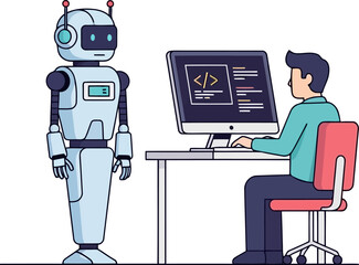 A man is working on a computer with a robot standing next to him the robot is looking at the man working