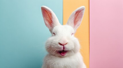 A cheerful white rabbit smiles in front of vibrant pastel-colored backgrounds, exuding a playful and joyful vibe.
