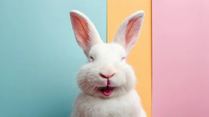 Acrylglasbilder Tierarzt A cheerful white rabbit smiles in front of vibrant pastel-colored backgrounds, exuding a playful and joyful vibe.  © AGI Studio