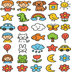 Playful Illustrations: A vibrant collection of childlike illustrations, featuring endearing characters, cheerful objects, and delightful symbols of joy and simplicity.