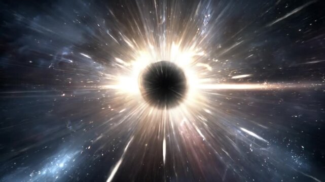 A representation of a black hole emitting light and energy in deep outer space
