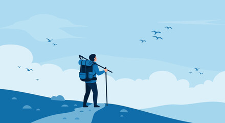 Adventurer Ascending A Mountain Trail, Observing Flying Birds And The Vast Horizon