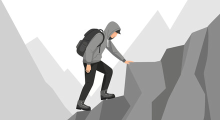 Adventurer Ascending A Rocky Peak With A Backpack And Determination Towards Success