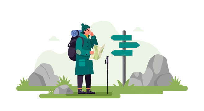 Adventurer Contemplating Directions Near Signpost Outdoors During Expedition Planning Journey