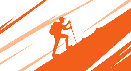 Adventurer Ascending Mountain Slope With A Striking Orange And White Background Design