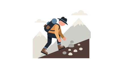 Adventurer Ascending Mountain Slope With Backpack Under Cloudy Skies Illustration
