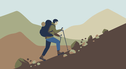 Adventurer Ascending Mountain Slope With Backpack And Trekking Poles In Illustration