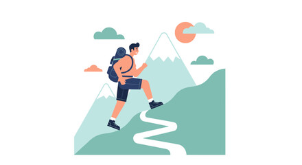 Adventurer Ascending Mountain Slope, Depicting Journey, Courage, and Determination