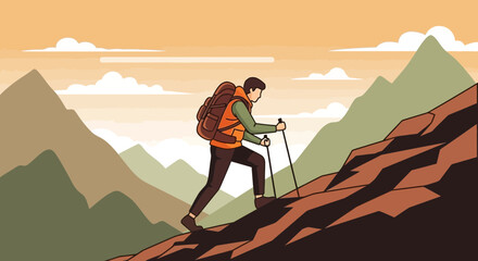 Adventurer Ascending Mountain Slope During Scenic Sunrise Journeying Toward Peak