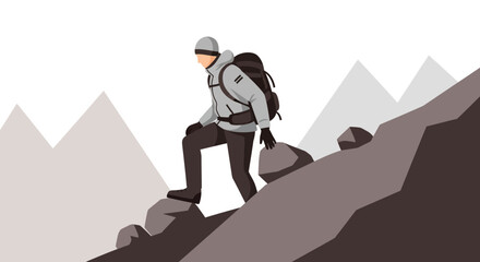Adventurer Ascending Mountain Slope, Depicting Challenge, Bravery, and Perseverance