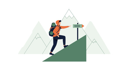 Adventurer Ascending Mountain to Destination With Signpost in Outdoor Scene